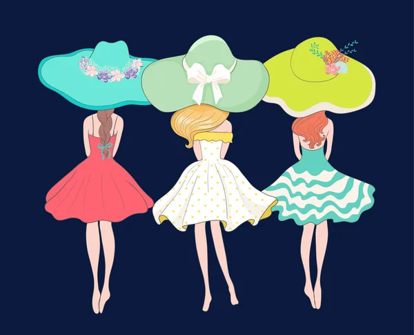 Hermosas Chicas Con Vestidos Sombreros Vista Trasera Ilustración Vectores — Vector de stock