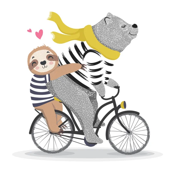 Медведь Ленивец Катаются Велосипеде Вместе Векторная Иллюстрация — стоковый вектор