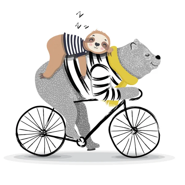 かわいいクマのイラストと自転車に乗るスロー — ストックベクタ