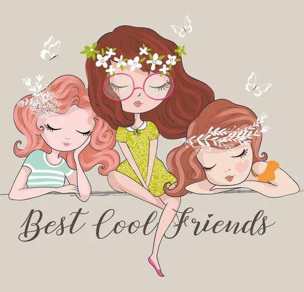 Vector Illustration Three Cute Girls Text Best Cool Friends — Stock Vector