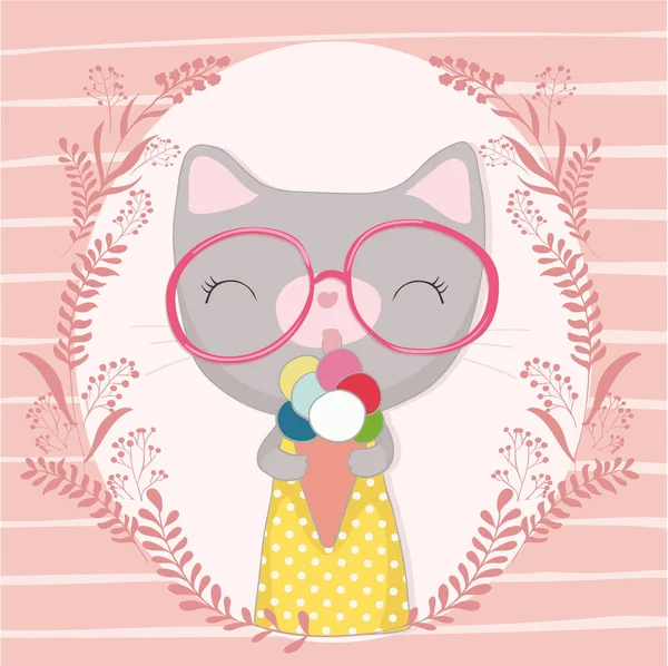 可愛い猫とメガネ舐めアイス — ストックベクタ