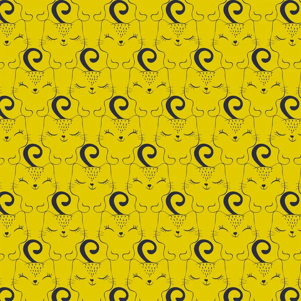 黄色背景上有许多猫的无缝图案 — 图库矢量图片