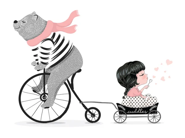 Illustrazione Vettoriale Simpatico Orso Dei Cartoni Animati Bicicletta Portando Bambina — Vettoriale Stock