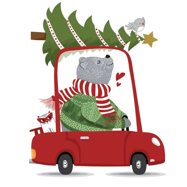Tarjeta Navidad Con Oso Llevando Árbol Navidad Coche Ilustración Vectorial — Archivo Imágenes Vectoriales