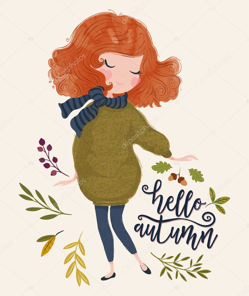 vector illustration of cute girl wearing warm clothes with a floral design. Hello autumn lettering