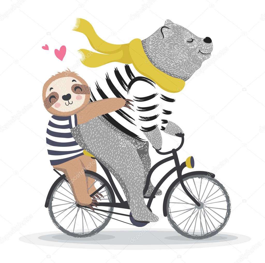 bear and sloth riding bicycle together, vector illustration