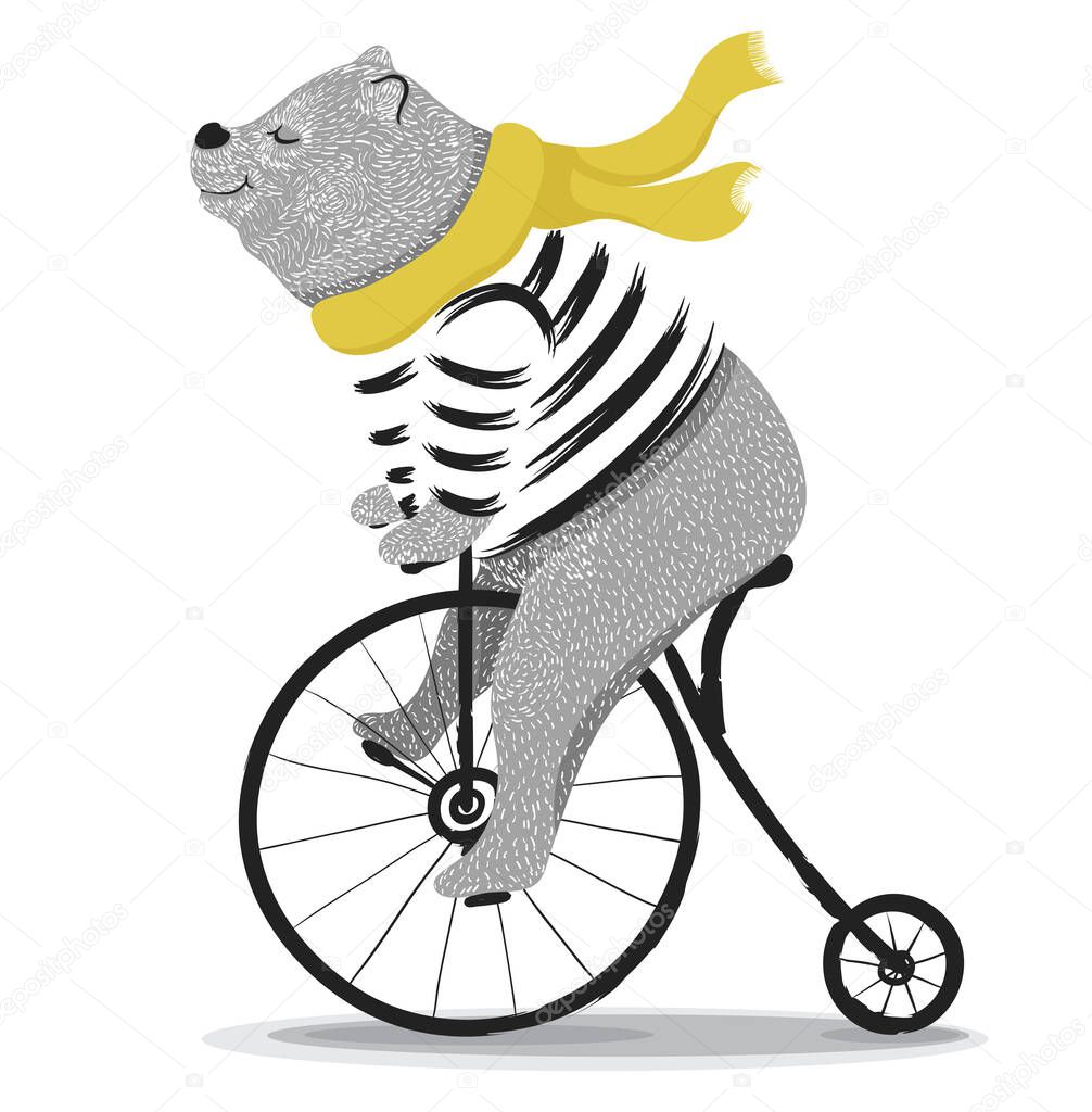 cute cartoon bear riding a funny bicycle, vector illustration