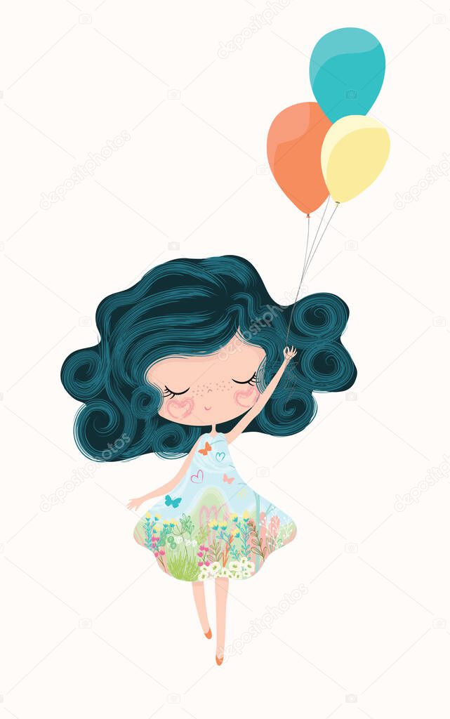 cute little girl with balloons, vectorillustration