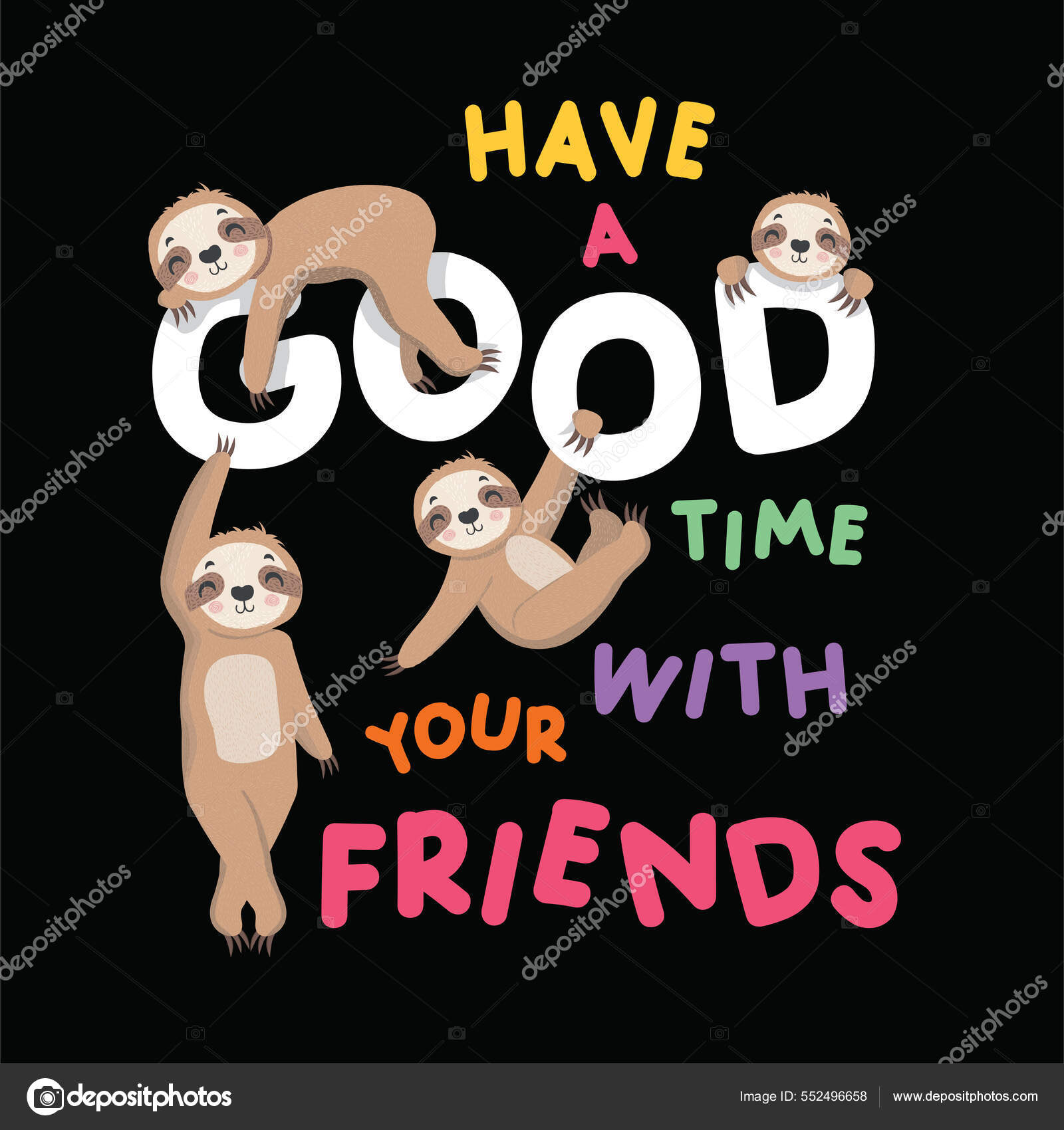 Cute Cartoon Sloths Lettering Have Good Time Your Friends Vector Stock