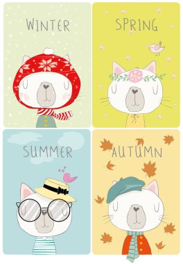 Dört mevsimde bir dizi şirin çizgi film kedisi.