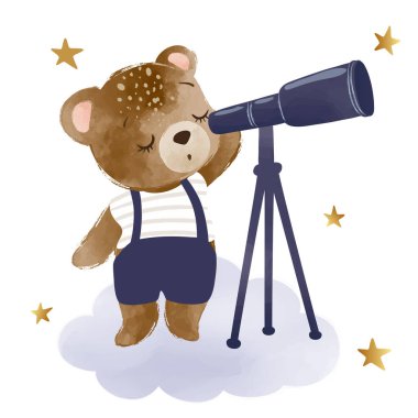 Tatlı ayıcık bulutun üstünde duruyor ve teleskopa bakıyor.