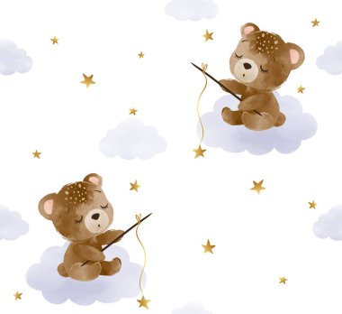 Tatlı oyuncak ayılar bulutlarda oturuyor ve balık tutuyor. 