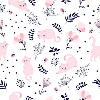 Komik pembe kedileri, çiçekleri ve dalları olan hoş, pürüzsüz bir desen. vektör illüstrasyonu