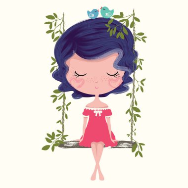 Salıncaktaki küçük tatlı kız, vektör çizimi.