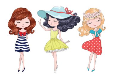 Mutlu el çizimi elbise giyen küçük kızlar, vektör çizimi