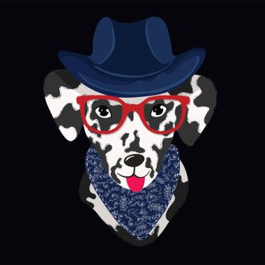 Gözlüklü ve şapkalı komik hippi köpeği. vektör illüstrasyonu