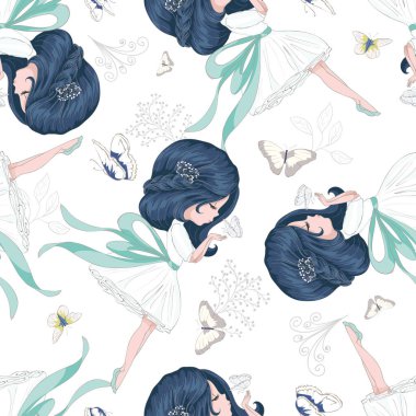 Kelebekli güzel kızlar deseni, vektör çizimi