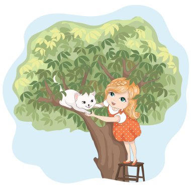 Şirin küçük kız ormanda bir kediyi kurtarıyor.