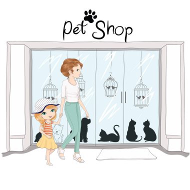 Bir kızın ve annesinin evcil hayvan dükkanına gidişinin vektör çizimi 