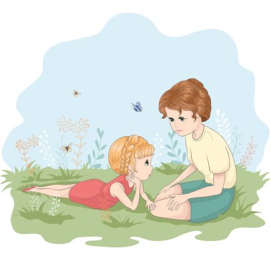 Annesiyle birlikte yaz parkında olan küçük tatlı bir kızın vektör çizimi.
