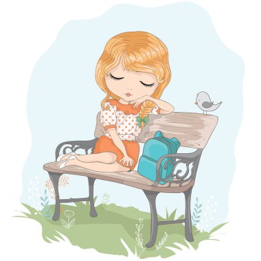 Parktaki bankta oturan sevimli küçük kız, vektör çizimi.