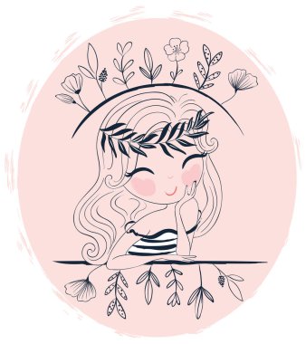 Çiçekli sevimli küçük kız, vektör resimli.