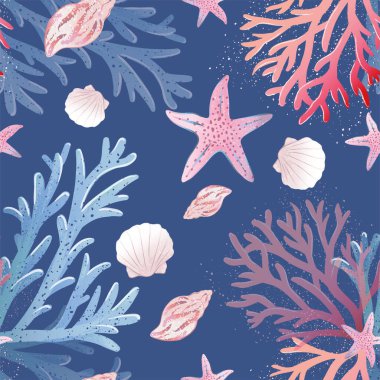 Deniz kabukları ve deniz yıldızlarıyla kusursuz desen. vektör illüstrasyonu.