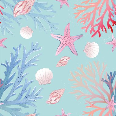 Deniz kabukları ve deniz yıldızlarıyla kusursuz desen. vektör illüstrasyonu