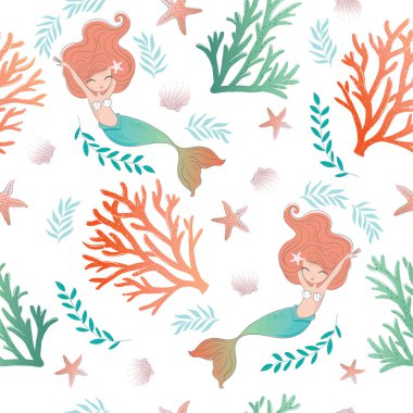 Mercan desenli şirin denizkızları, vektör çizimi