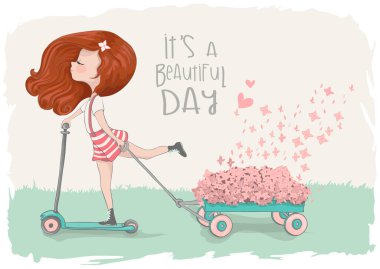 Tekme scooter süren ve çiçekleri küçük bir römorkta taşıyan bir kızın vektör çizimi