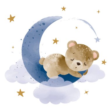 Sevimli bebek ayı hilal üzerinde uyuyor, vektör çizimi