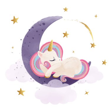 Ay 'da uyuyan şirin tek boynuzlu at.