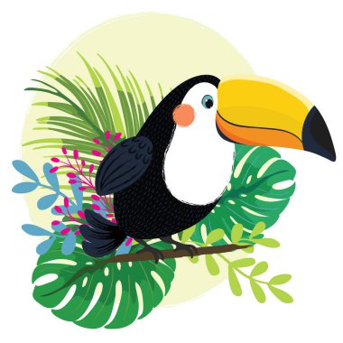 Tropikal yaprakları ve çiçek vektör illüstrasyonuyla tukan