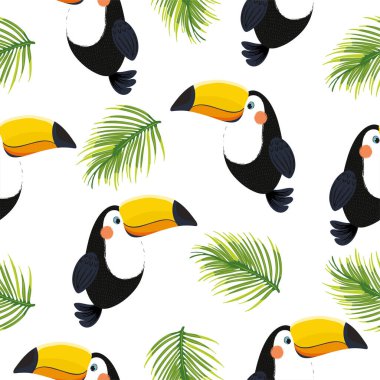 Tukanlar ve tropikal yapraklarla kusursuz desen. vektör illüstrasyonu