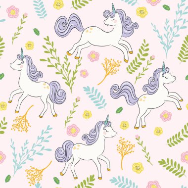 Şirin tek boynuzlu atlar ve çiçeklerle desen, vektör illüstrasyonu