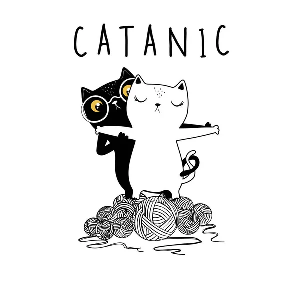 Two Cats Love Catanic Lettering Vector Illustration — Stock Vector