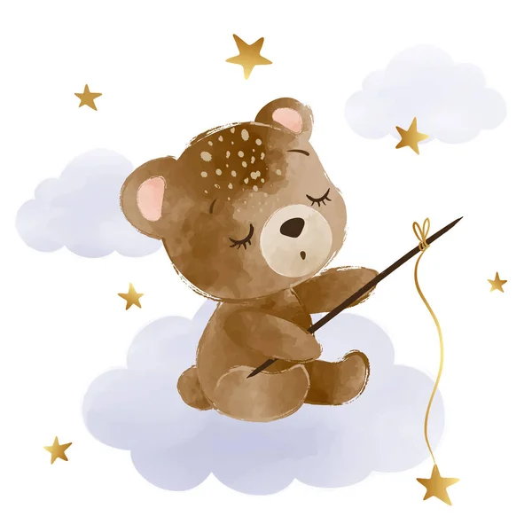 Lindo Oso Peluche Sentado Nube Pesca — Vector de stock