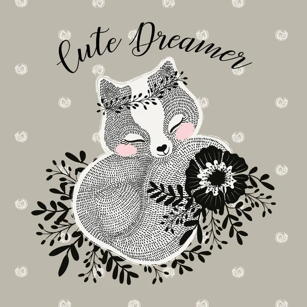 Διανυσματική Απεικόνιση Μιας Χαριτωμένης Αλεπούς Γράμματα Χαριτωμένο Dreamer — Διανυσματικό Αρχείο