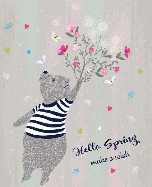 Urso Desenho Animado Feliz Bonito Com Buquê Floral Olá Primavera —  Vetores de Stock