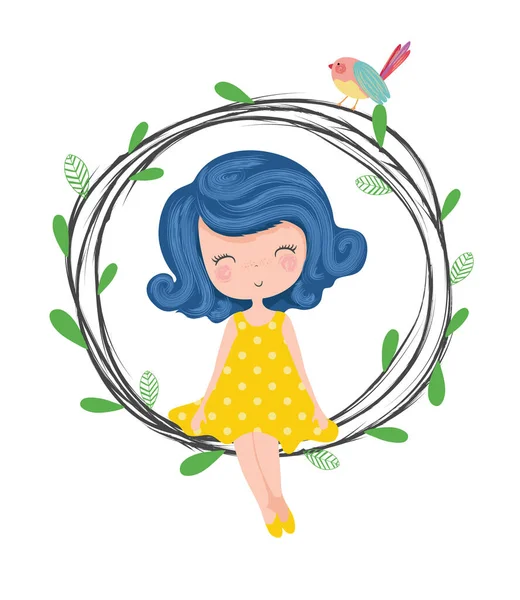 Mignonne Petite Fille Avec Couronne Botanique Ronde Verte Dessin Illustration — Image vectorielle