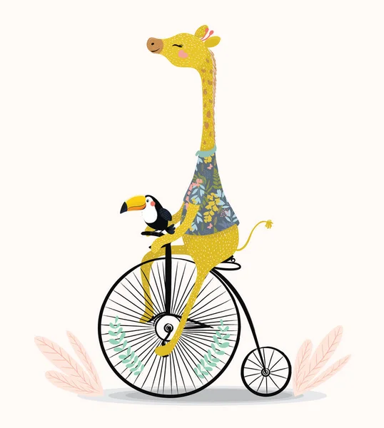 Simpatica Giraffa Toucan Equitazione Divertente Bicicletta Epoca Illustrazione Vettoriale — Vettoriale Stock