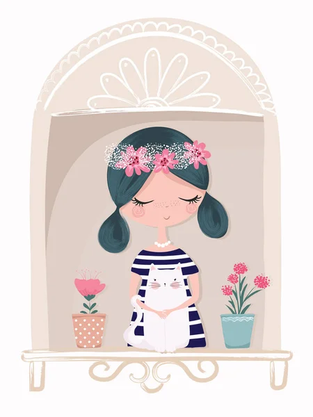 Mignonne Petite Fille Avec Des Fleurs Chat Pot Dans Fenêtre — Image vectorielle