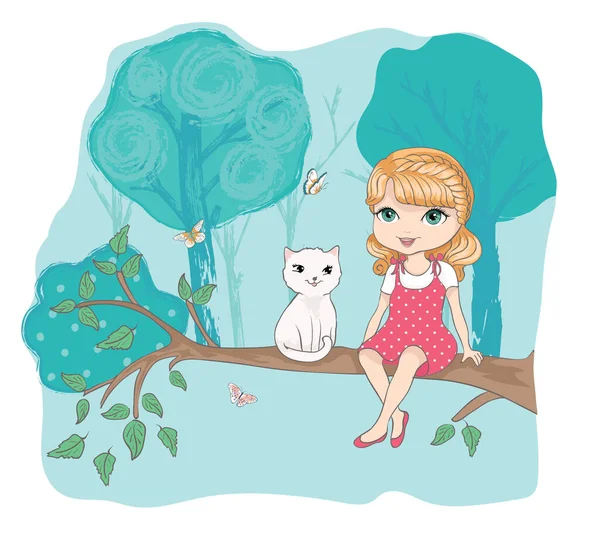 Menina Bonito Com Gato Sentado Ramo Árvore Parque Design Ilustração — Vetor de Stock