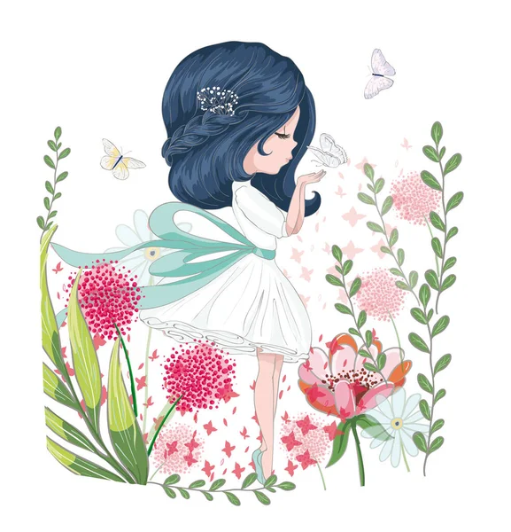 Красивая Девушка Цветами Бабочками Векторная Иллюстрация — стоковый вектор