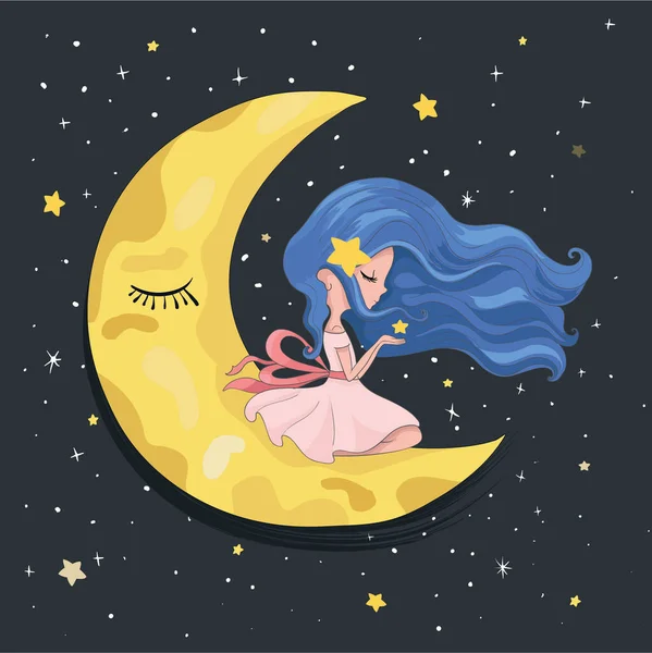 Chica Sentada Luna Mirando Cielo Estrellado Vector Ilustración — Archivo Imágenes Vectoriales