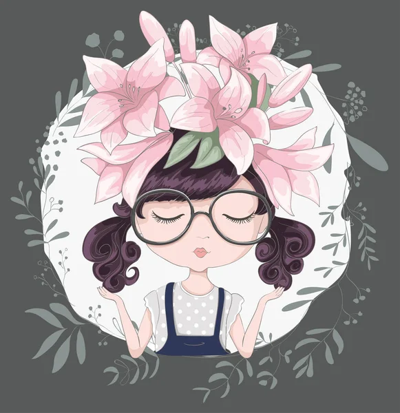 Mignonne Fille Dessin Animé Avec Couronne Florale Illustration Vectorielle — Image vectorielle