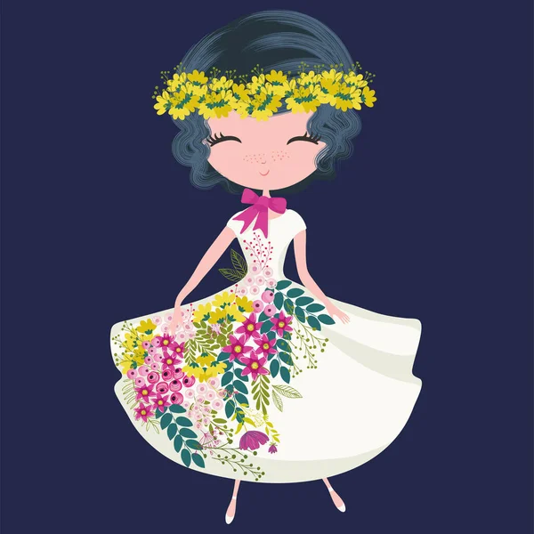 Schöne Mädchen Mit Blumen Auf Kleid Vektor Illustration — Stockvektor