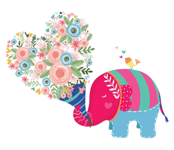 可愛い小さな象の花や葉ベクトルイラスト — ストックベクタ