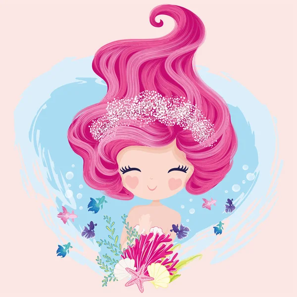 Schönes Mädchen Mit Langen Rosafarbenen Haaren Und Einem Blumenkranz — Stockvektor