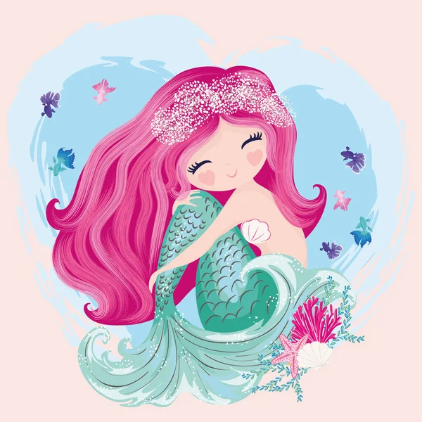 Cute Mermaid Long Pink Hair — Stock Vector